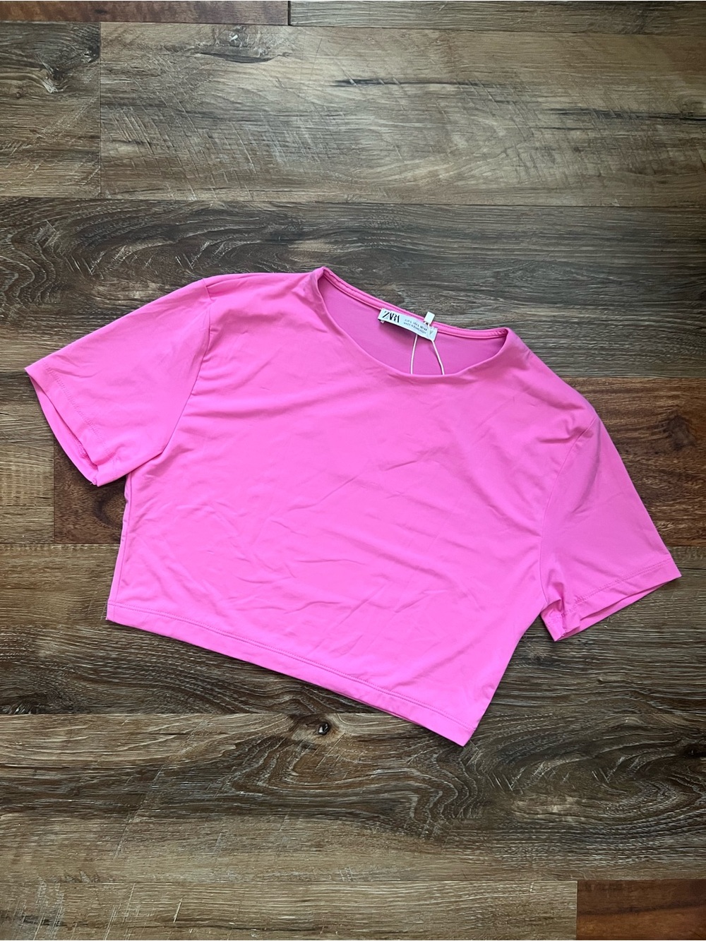 ZARA Hot Pink Cropped Crewneck Tee, Size L - Picture 1 of 5